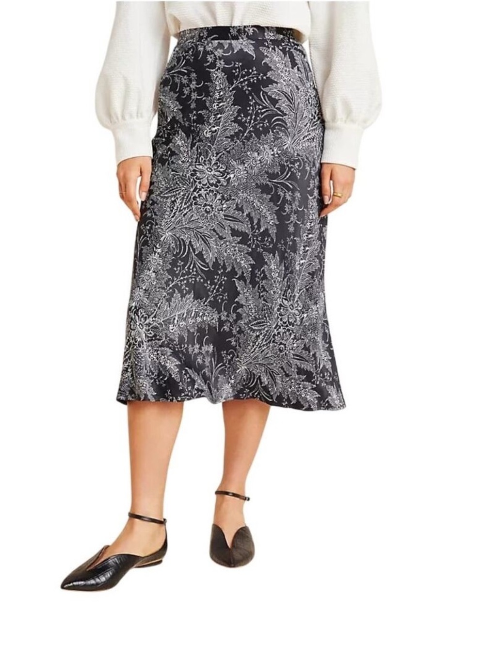 Anthropologie Black and White Botanical Midi Skirt